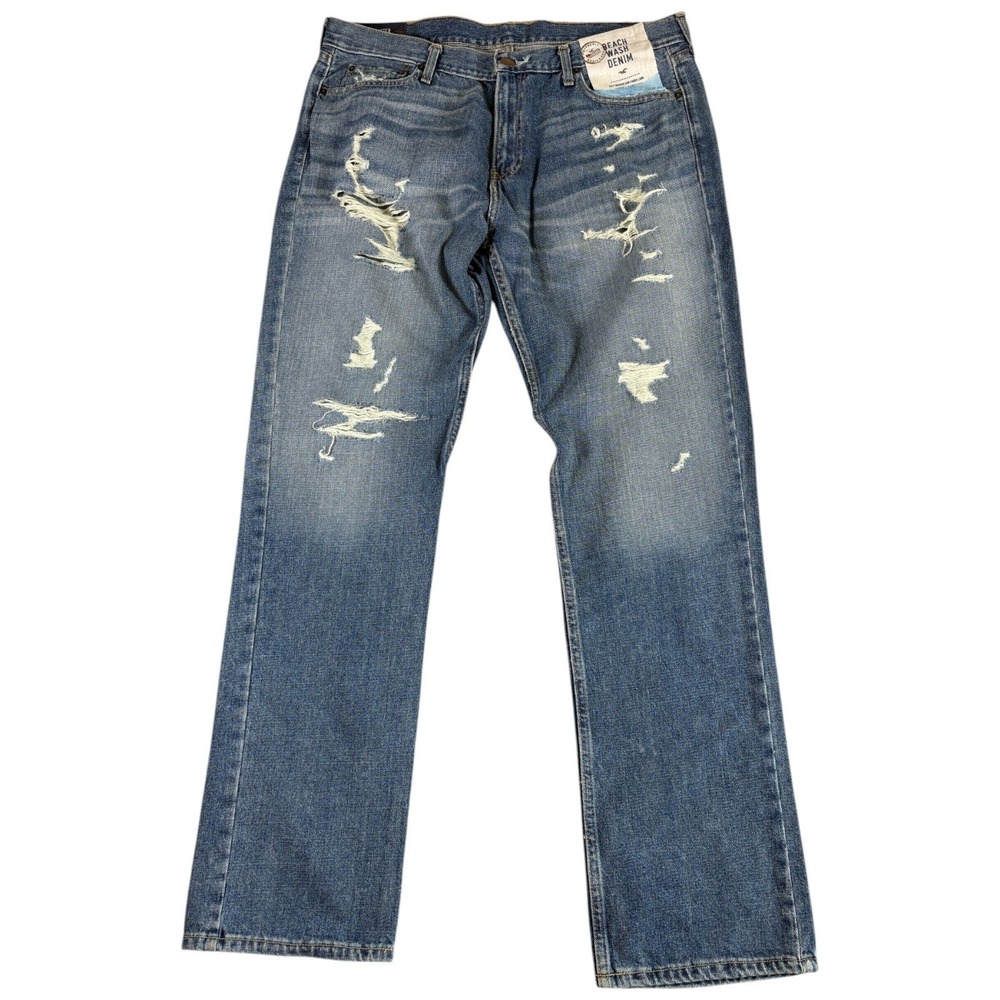 Hollister Slim Straight Jeans Mens 38x34 Blue Distressed Washed Y2K Western